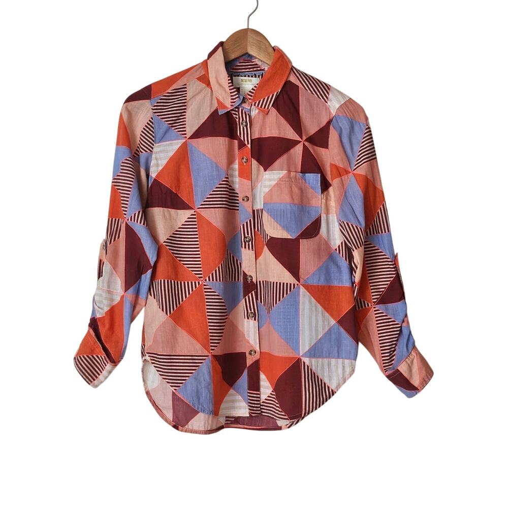 Maeve Anthropologie Orange Geometric Patchwork Retro Button Down Shirt Size 0